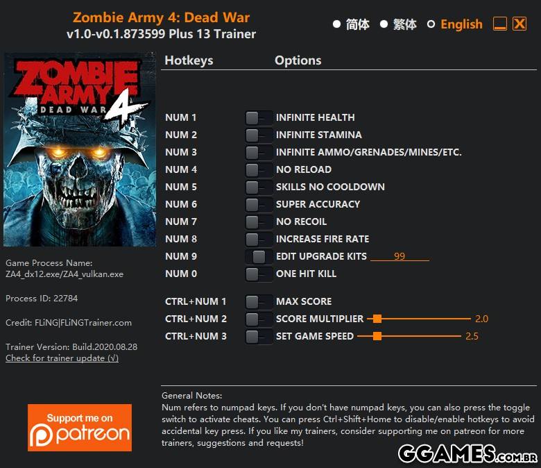 Trainer Zombie Army 4: Dead War {FLiNG}