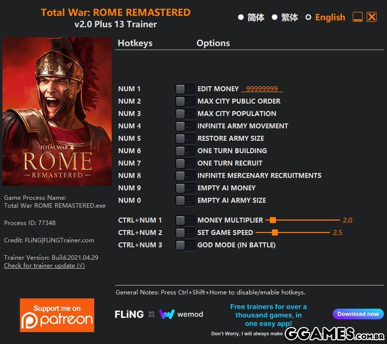 Trainer Total War: Rome Remastered {FLING}