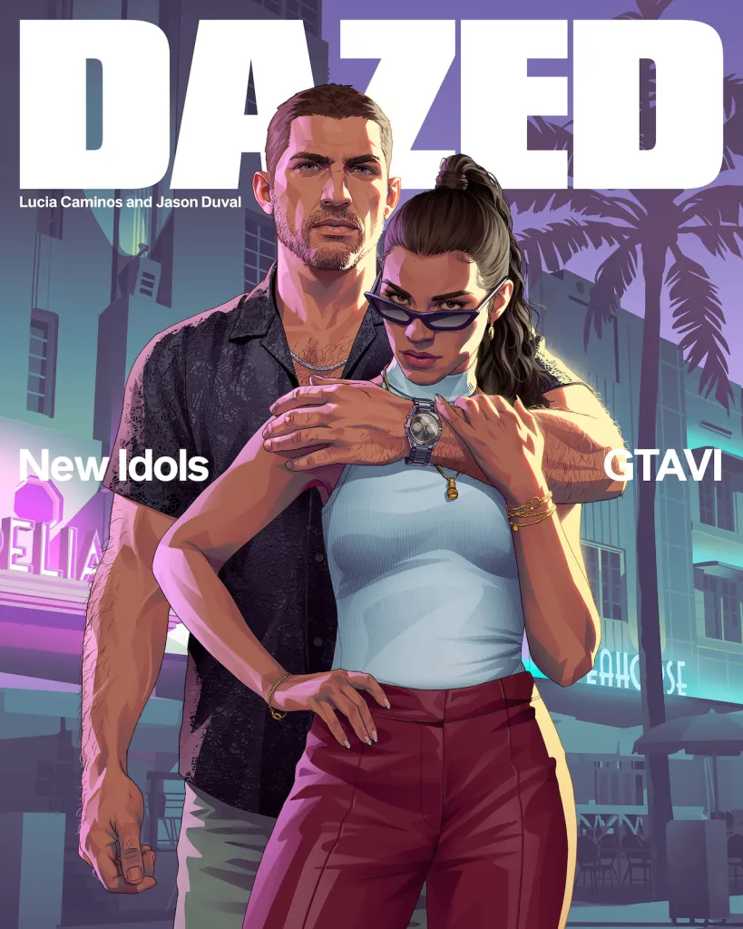 Capa da revista DAZED sobre GTA 6 com Jason Duval e Lucia Camino.