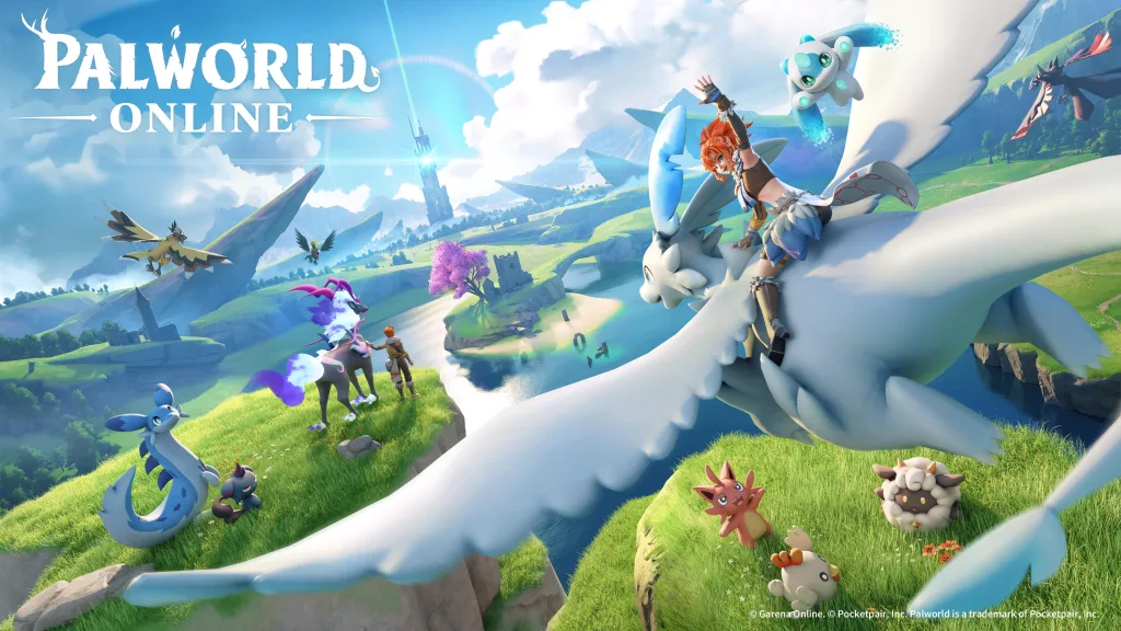 Imagem de Palworld Online com personagens e seus mascotes (Pals) em montanhas verdejantes em meio a um grande lago.
