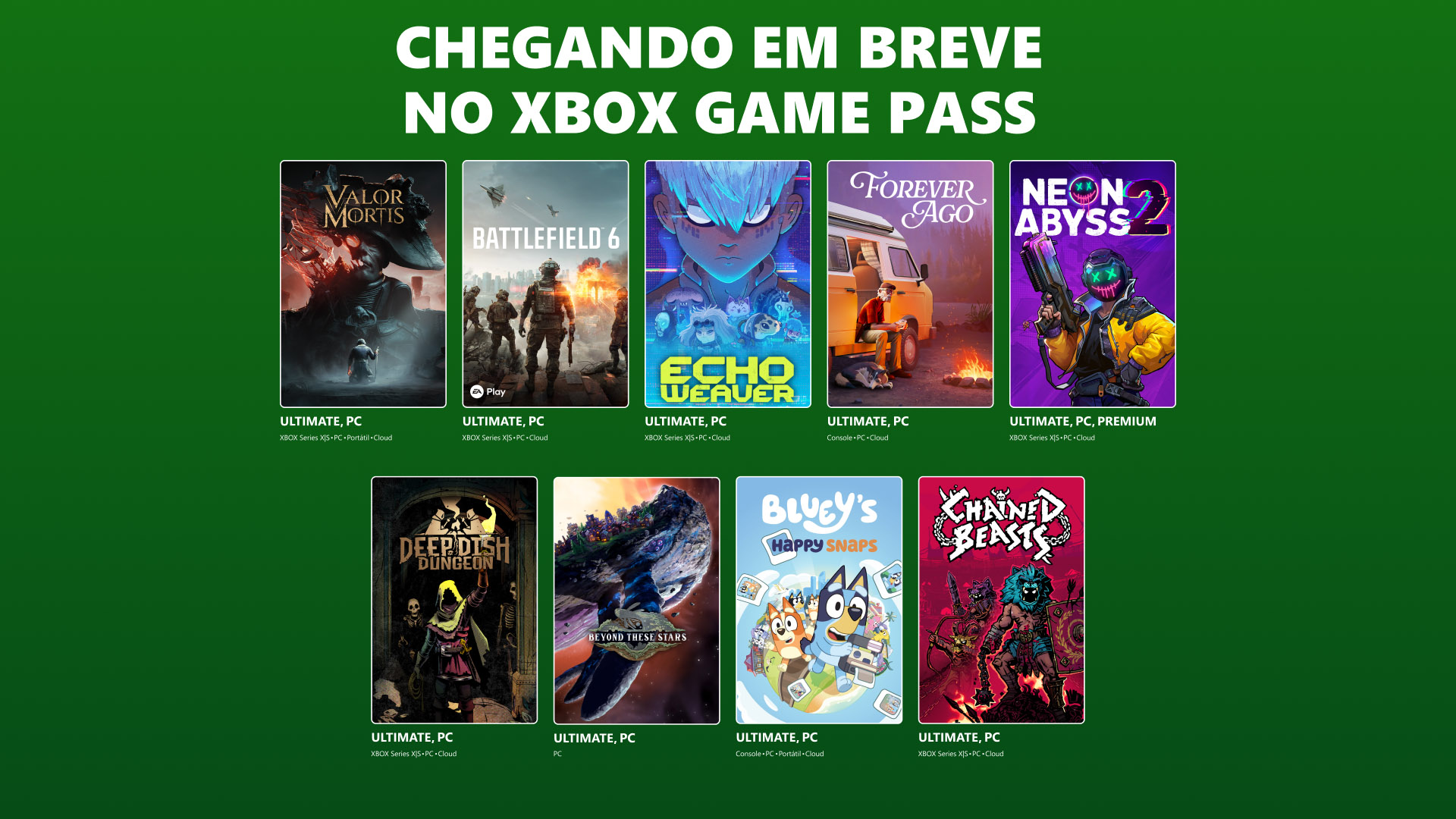 Novos jogos no Xbox Game Pass: Battlefield 6, Valor Mortis, Deep Dish Dungeon e mais em outubro
