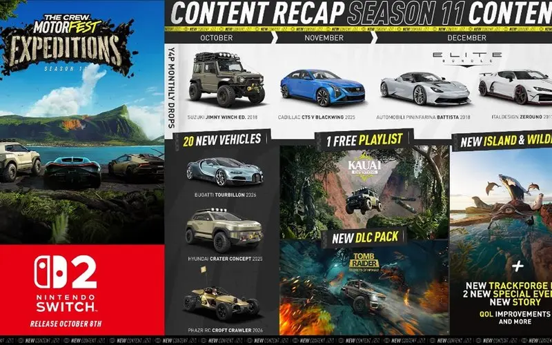 The Crew Motorfest chega ao Switch 2 com nova ilha e colaboração com Tomb Raider