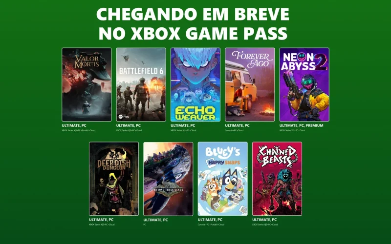 Xbox Game Pass: Novos Lançamentos em Outubro Incluem Battlefield 6 e Títulos Brasileiros